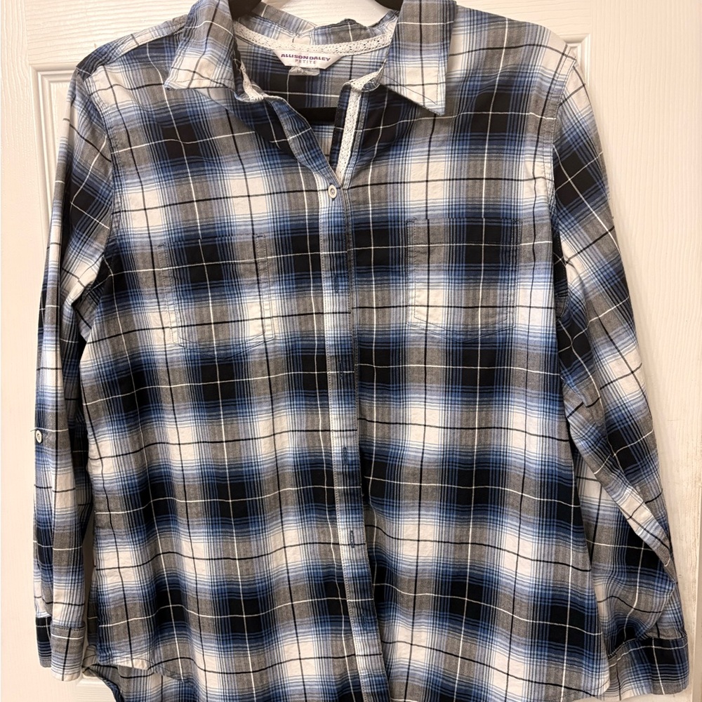 Allison Daley Blue and Black Plaid Button-Down Shirt